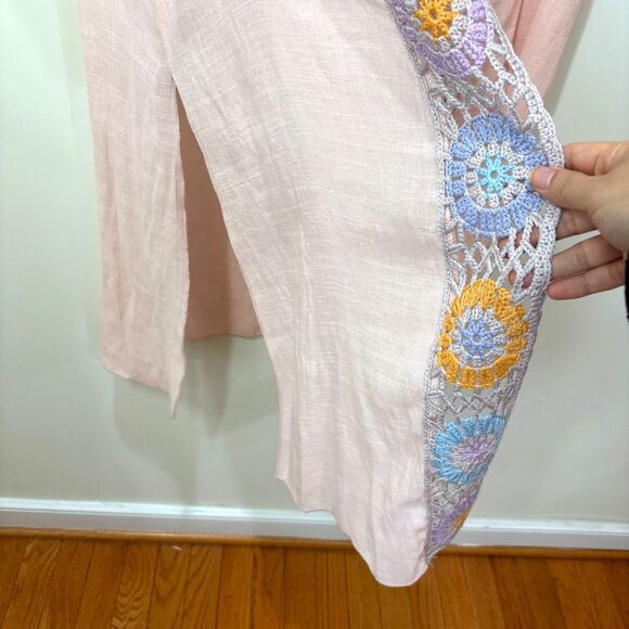 Pastel Pink Sheer Crochet Medallion Kimono Robe Tassel M/L Boho Festival Beachy - Picture 3 of 10